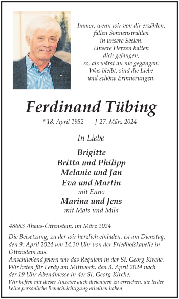 Anzeige von Ferdinand Tübing 