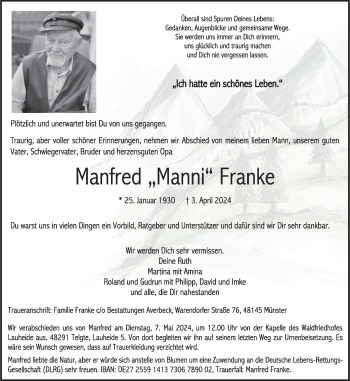 Anzeige von Manfred Franke 