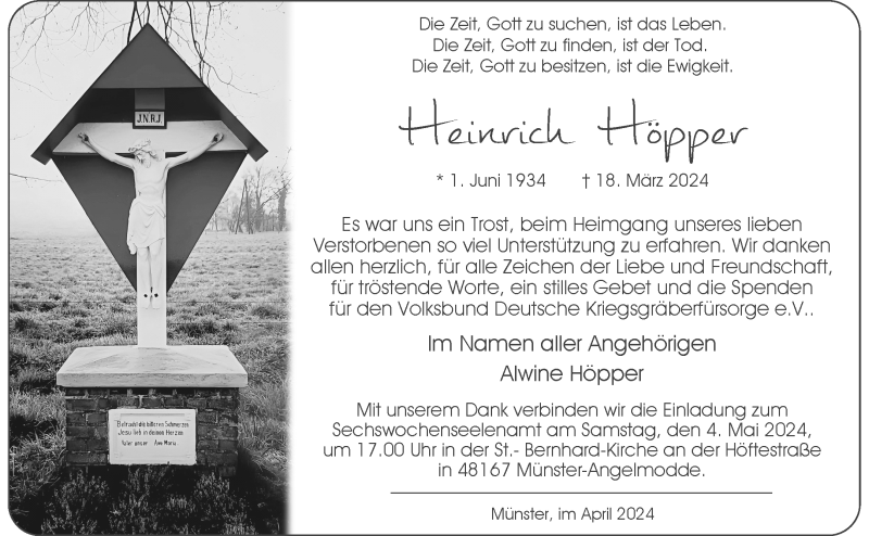  Traueranzeige für Heinrich Höpper vom 27.04.2024 aus 
