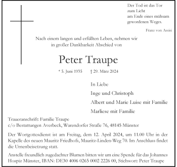 Anzeige von Peter Traupe 