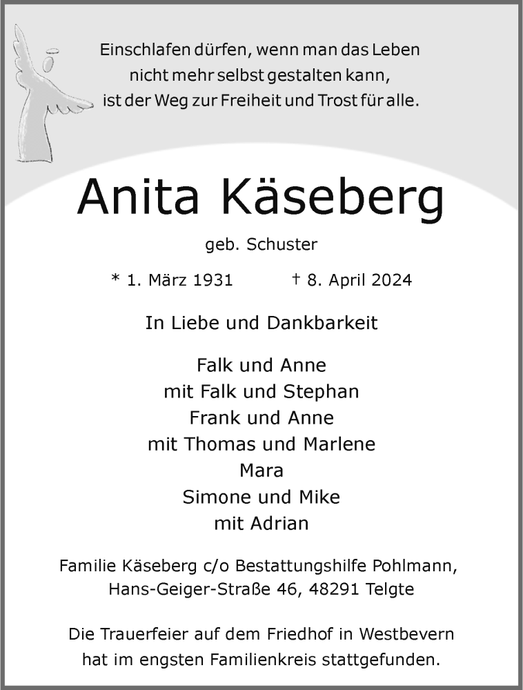  Traueranzeige für Anita Käseberg vom 27.04.2024 aus 