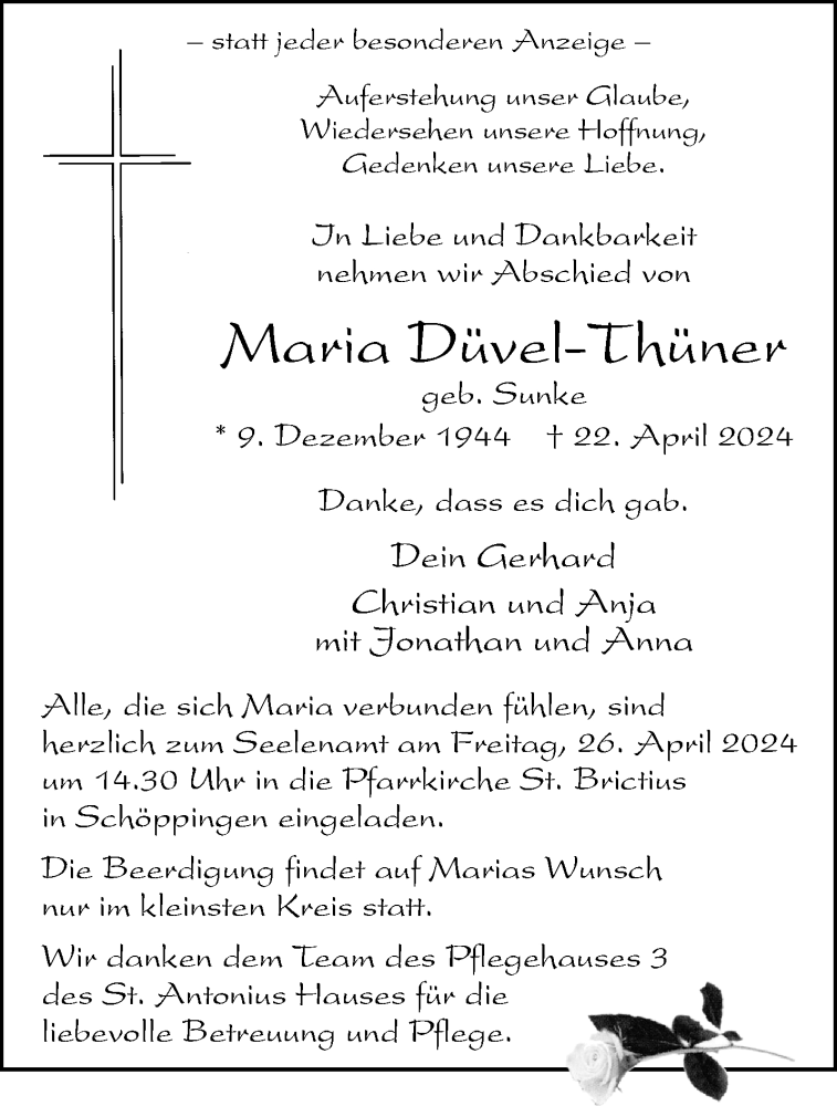  Traueranzeige für Maria Düvel-Thüner vom 24.04.2024 aus 