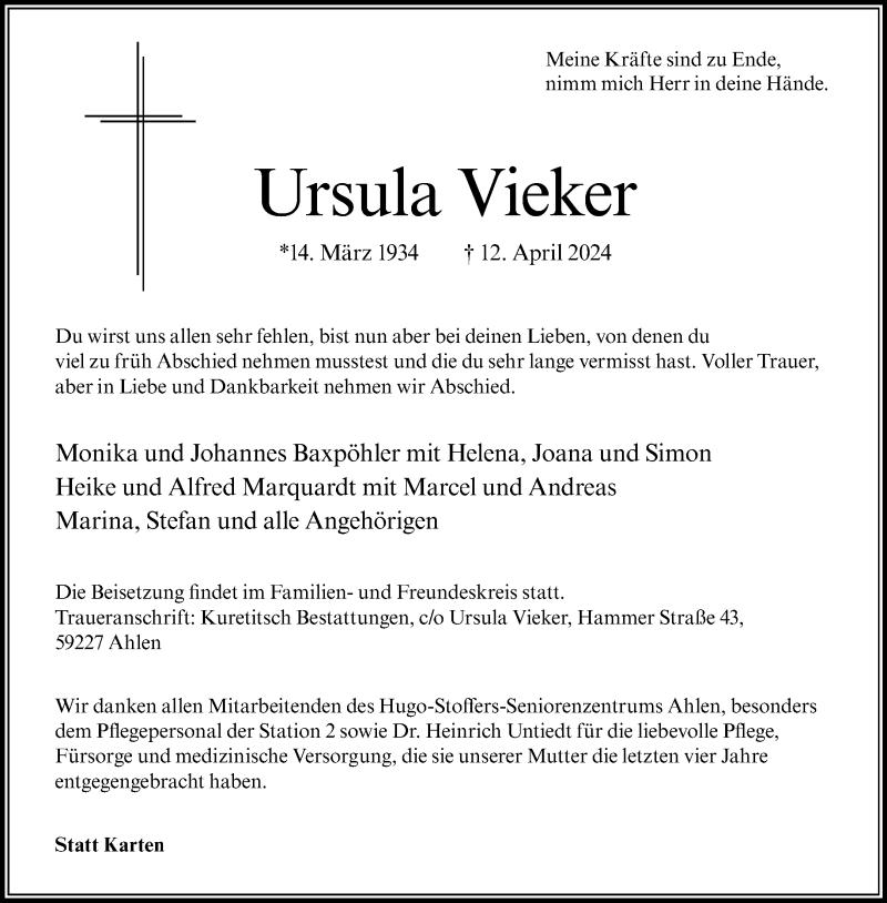  Traueranzeige für Ursula Vieker vom 20.04.2024 aus 