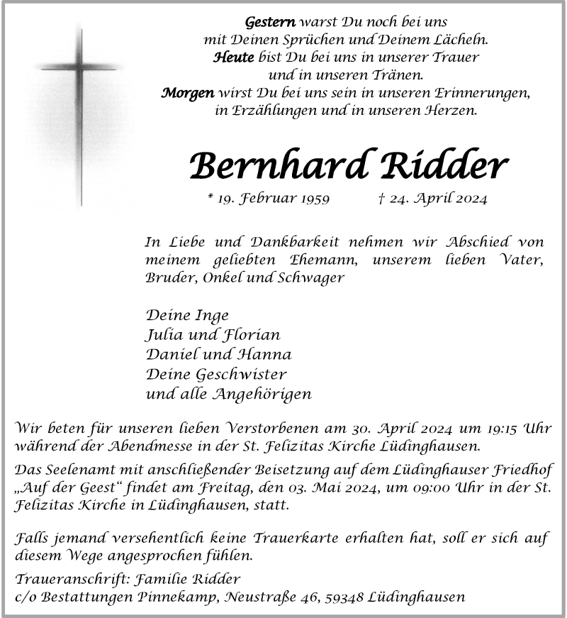  Traueranzeige für Bernhard Ridder vom 27.04.2024 aus 