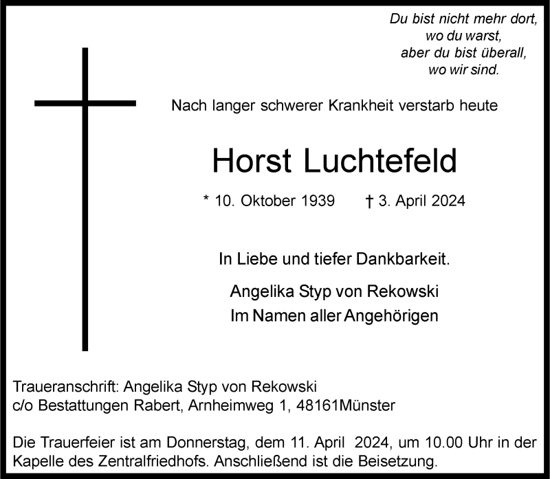  Traueranzeige für Horst Luchtefeld vom 06.04.2024 aus 