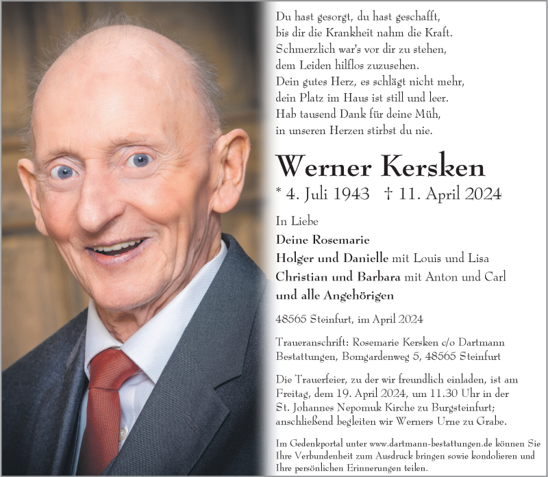  Traueranzeige für Werner Kersken vom 13.04.2024 aus 