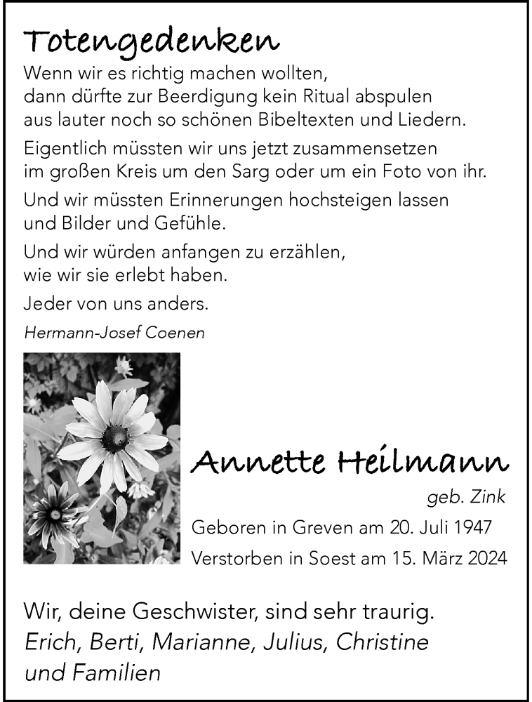  Traueranzeige für Annette Heilmann vom 29.03.2024 aus 