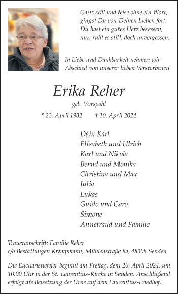 Anzeige von Erika Reher 