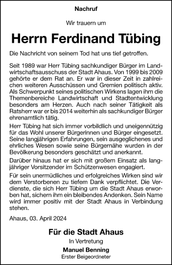 Anzeige von Ferdinand Tübing 