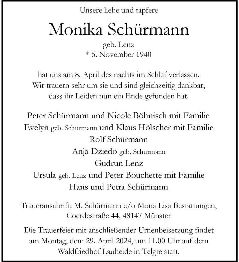  Traueranzeige für Monika Schürmann vom 20.04.2024 aus 