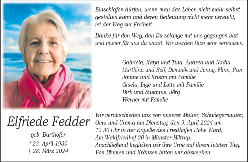  Traueranzeige für Elfriede Fedder vom 06.04.2024 aus 