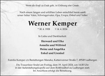Anzeige von Werner Kemper 