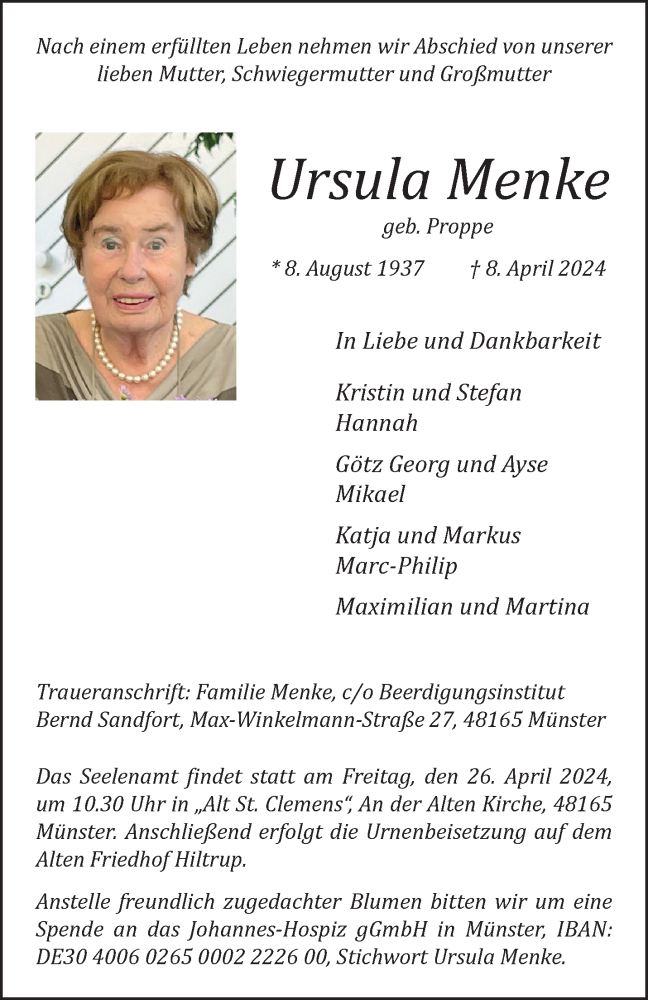  Traueranzeige für Ursula Menke vom 13.04.2024 aus 