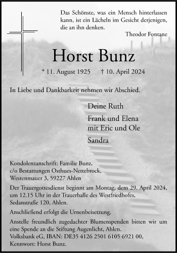 Anzeige von Horst Bunz 