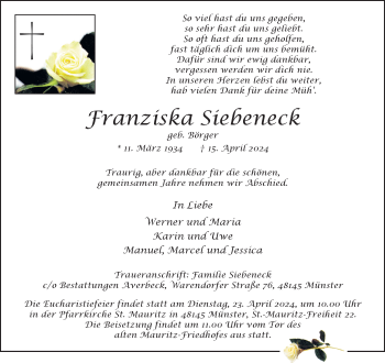 Anzeige von Franziska Siebeneck 