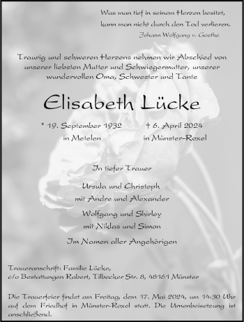 Anzeige von Elisabeth Lücke 