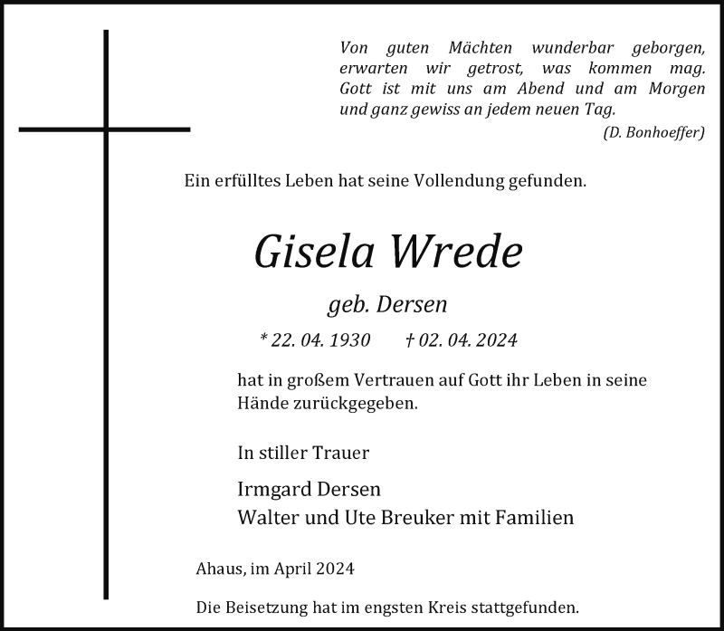  Traueranzeige für Gisela Wrede vom 09.04.2024 aus 
