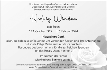 Anzeige von Hedwig Windau 