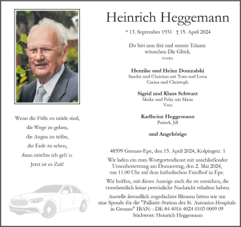 Anzeige von Heinrich Heggemann 