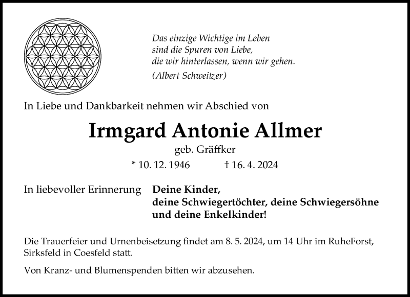  Traueranzeige für Irmgard Antonie Allmer vom 20.04.2024 aus 