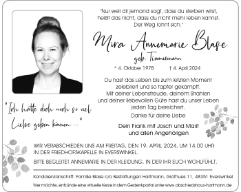 Anzeige von Mira Annemarie Blase 