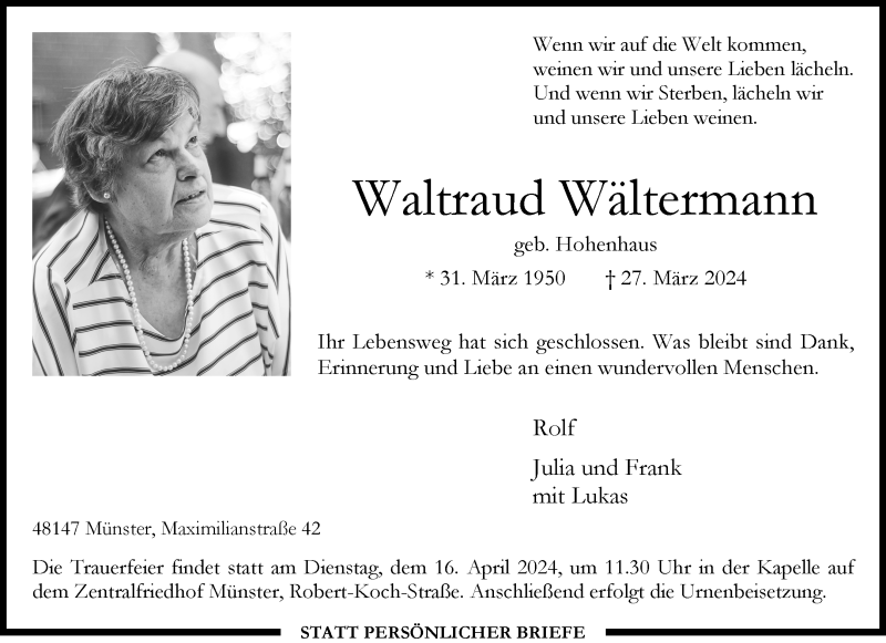  Traueranzeige für Waltraud Wältermann vom 06.04.2024 aus 