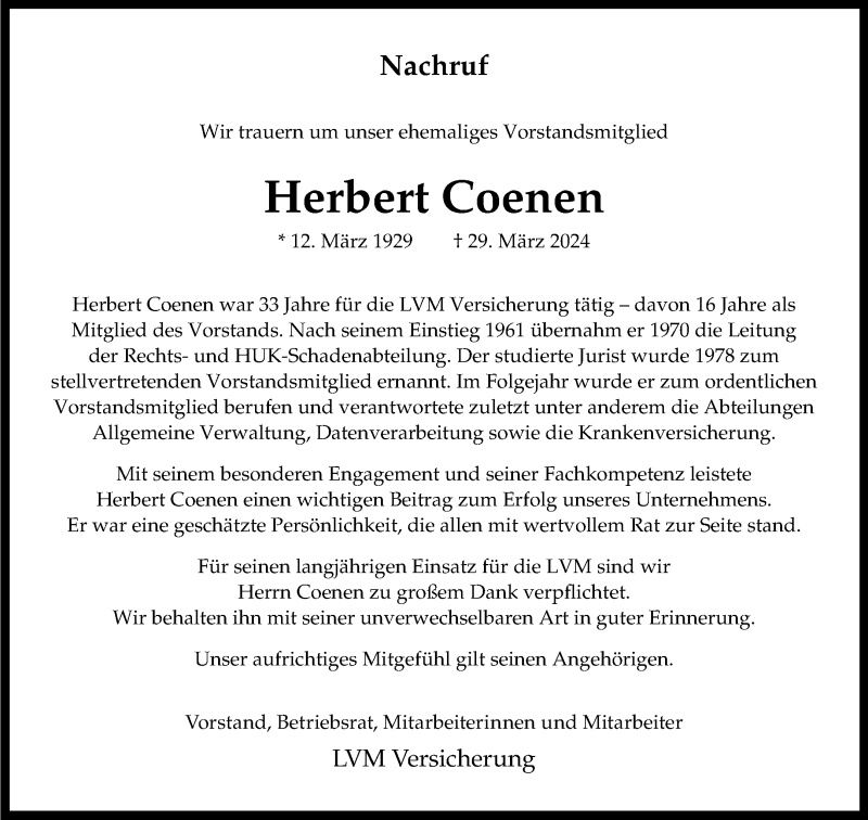  Traueranzeige für Herbert Coenen vom 13.04.2024 aus 
