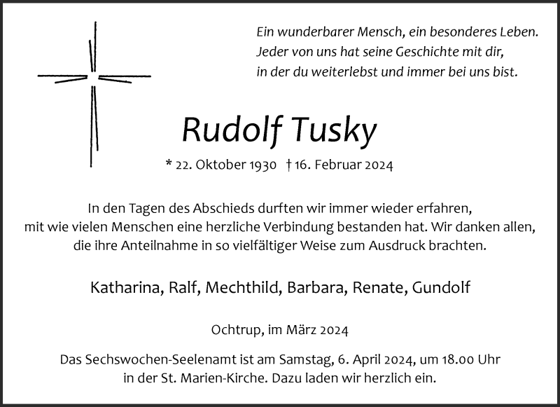  Traueranzeige für Rudolf Tusky vom 03.04.2024 aus 
