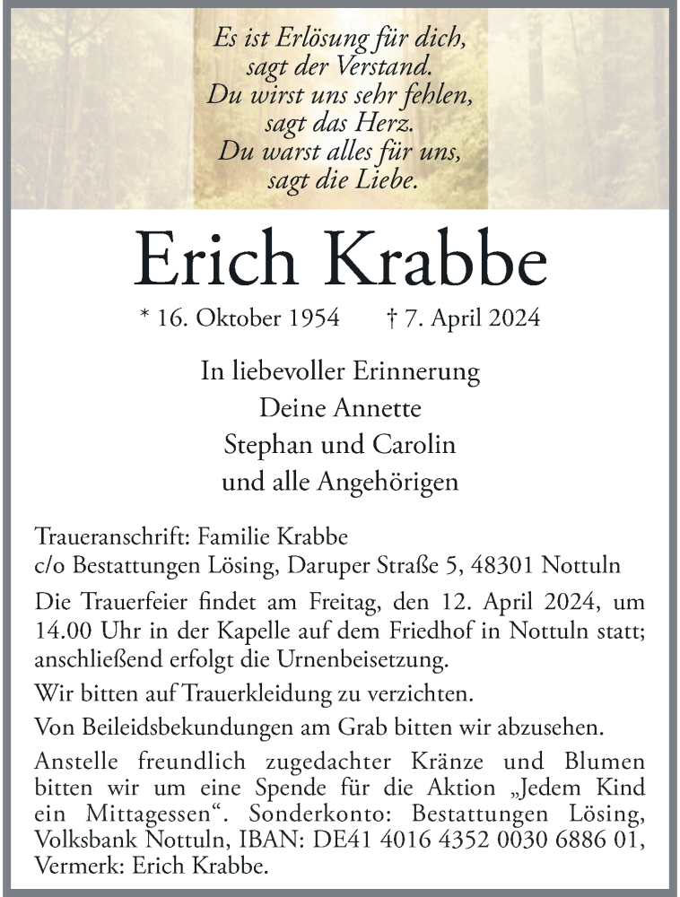  Traueranzeige für Erich Krabbe vom 10.04.2024 aus 