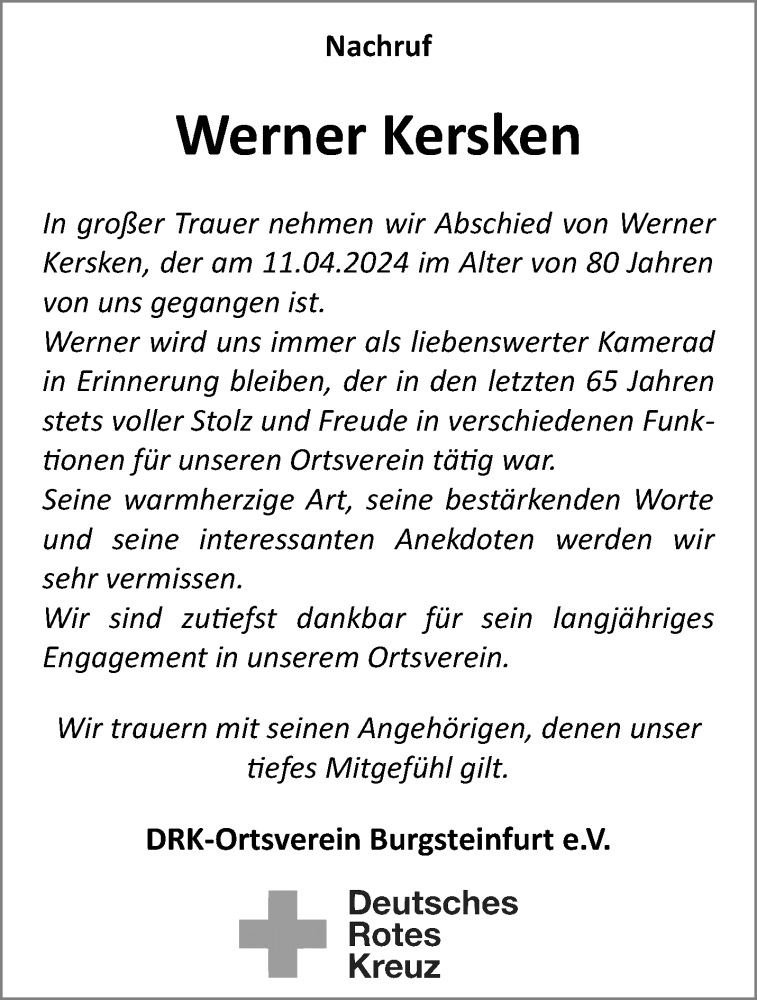  Traueranzeige für Werner Kersken vom 20.04.2024 aus 