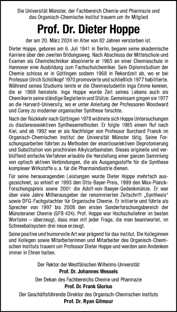 Anzeige von Prof. Dr. Dieter Hoppe 