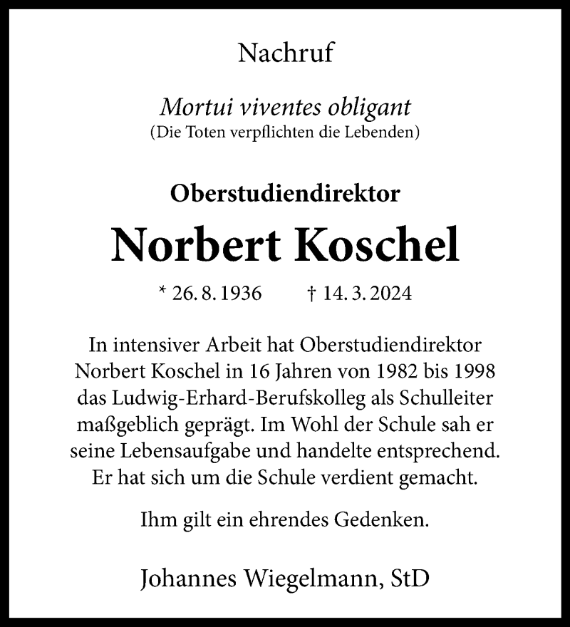  Traueranzeige für Norbert Koschel vom 27.04.2024 aus 