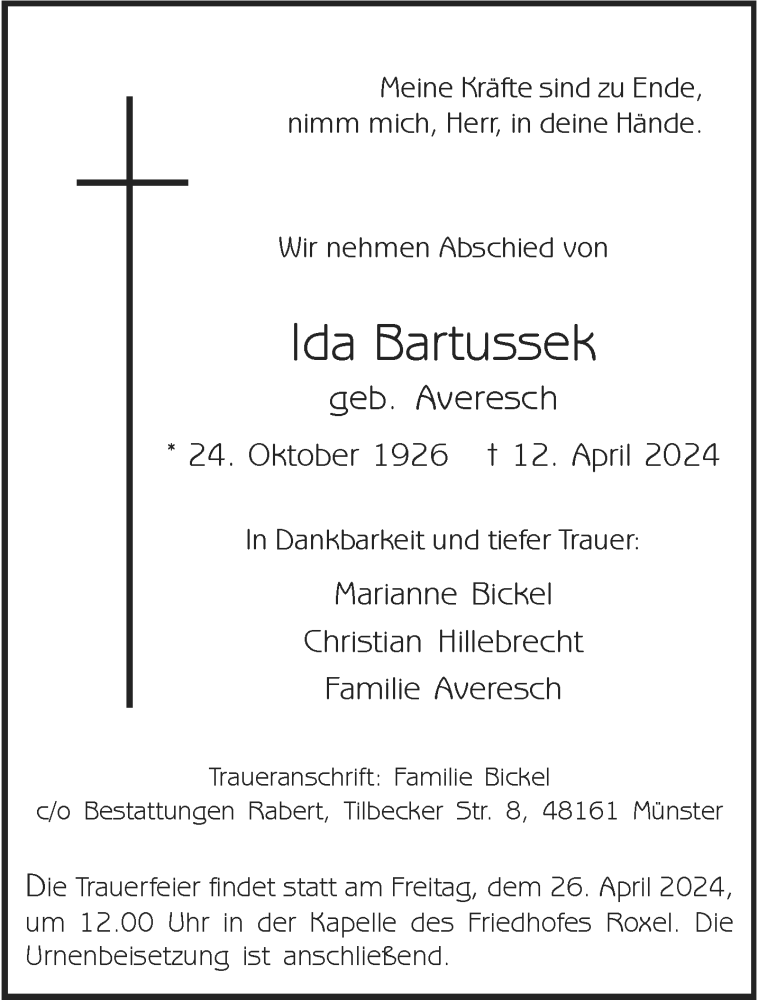  Traueranzeige für Ida Bartussek vom 20.04.2024 aus 