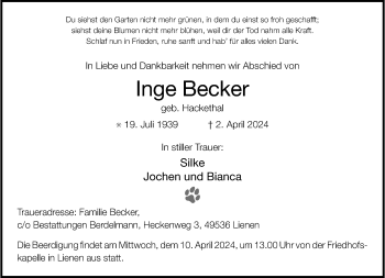 Anzeige von Inge Becker 