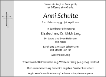 Anzeige von Anni Schulte 