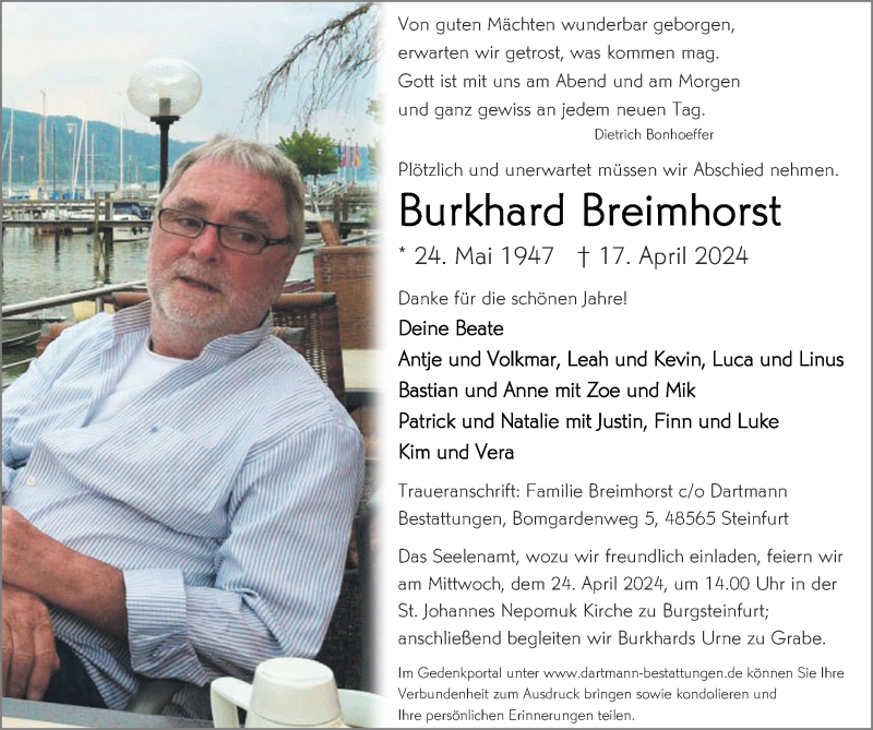  Traueranzeige für Burkhard Breimhorst vom 20.04.2024 aus 