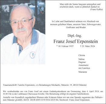 Anzeige von Franz Josef Erpenstein 