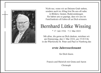 Anzeige von Bernhard Lütke Wissing 
