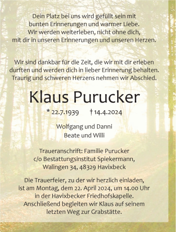 Anzeige von Klaus Purucker 