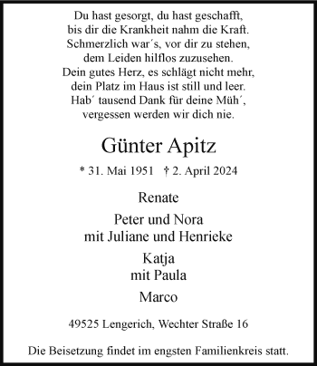 Anzeige von Günter Apitz 