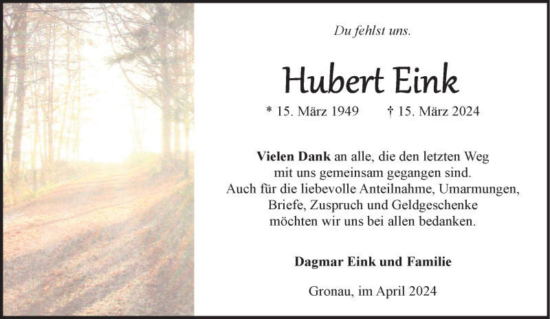  Traueranzeige für Hubert Eink vom 27.04.2024 aus 