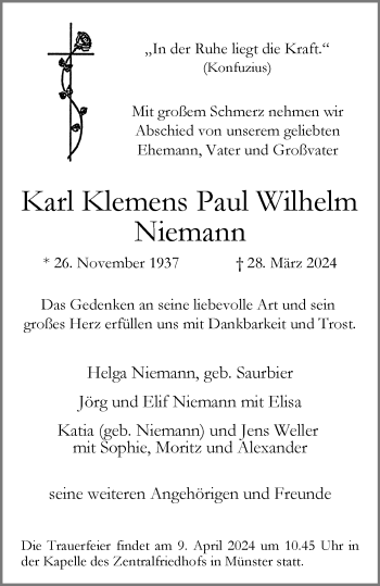 Anzeige von Karl Klemens Paul Wilhelm Niemann 