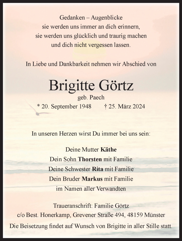  Traueranzeige für Brigitte Görtz vom 10.04.2024 aus 