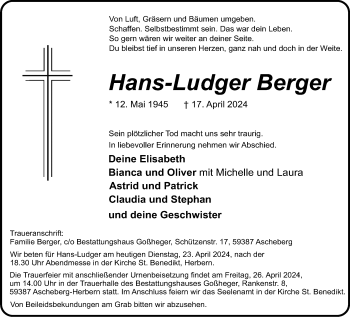 Anzeige von Hans-Ludger Berger 