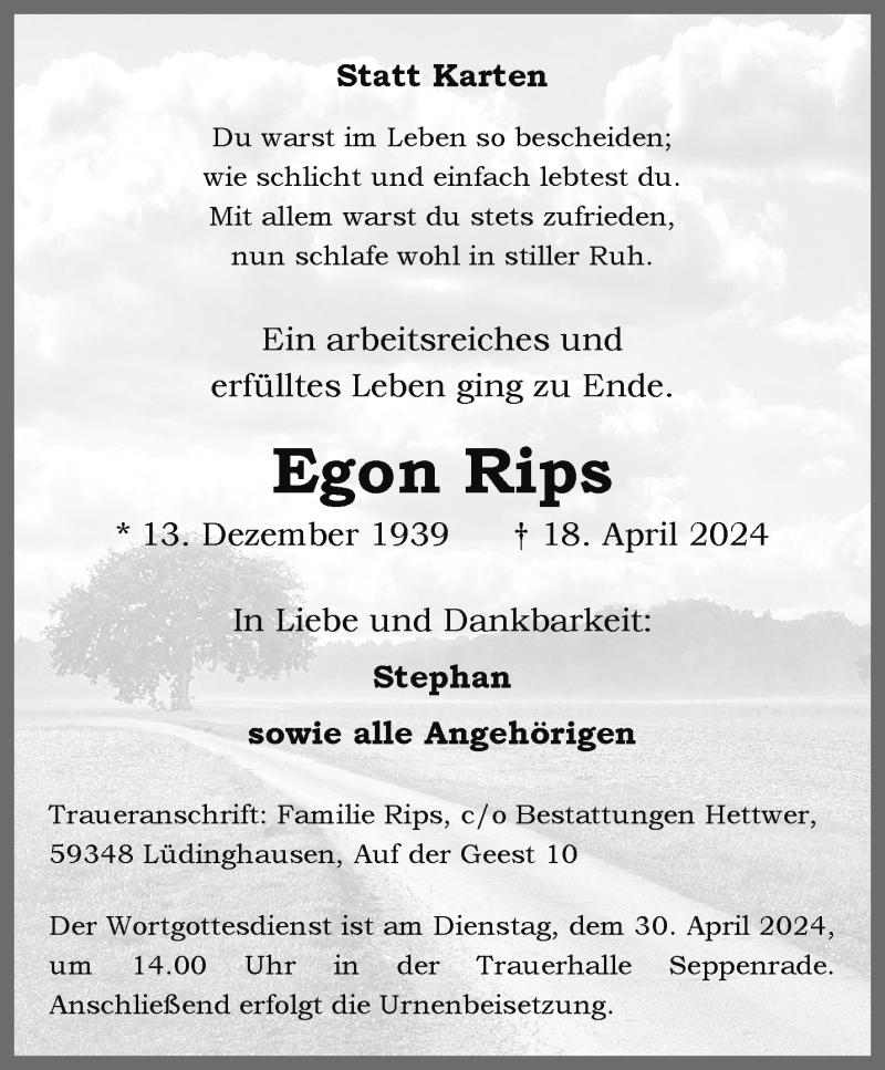  Traueranzeige für Egon Rips vom 27.04.2024 aus 