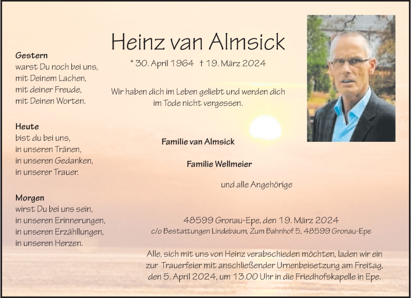  Traueranzeige für Heinz van Almsick vom 29.03.2024 aus 
