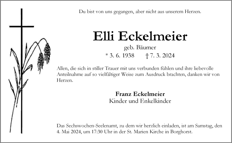  Traueranzeige für Elli Eckelmeier vom 27.04.2024 aus 