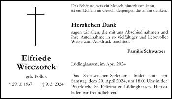 Anzeige von Elfriede Wieczorek 