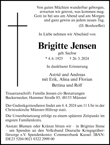 Anzeige von Brigitte Jensen 