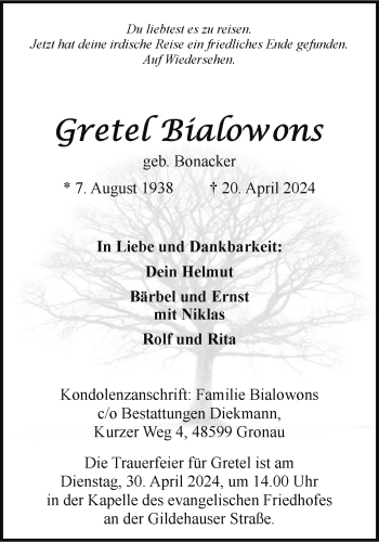 Anzeige von Gretel Bialowons 
